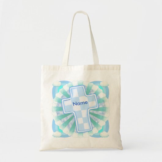 Blauw geruite christelijk kruis tote tas (Voorkant)