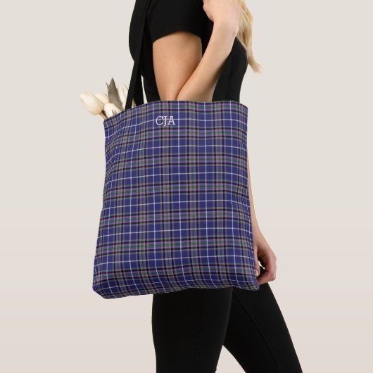 Blauw geruite Clan Alexander Tartan Monogram Tote Bag (Dichtbij)