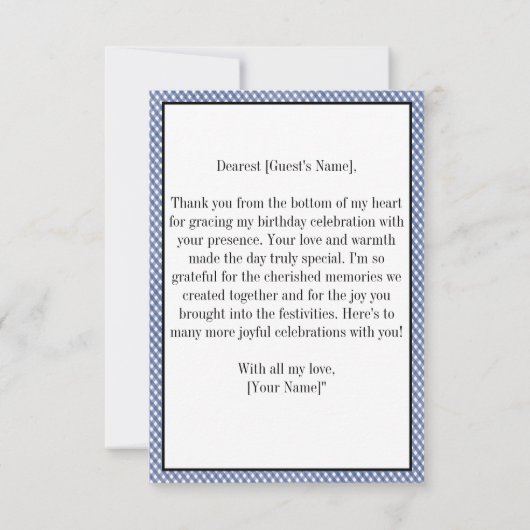 Blauw geruite Gingham Verjaardag Dank u Foto Bedankkaart (Achterkant)
