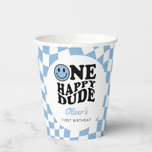 Blauw geruite glimlach Een Gelukkige Gast 1e Verja Papieren Bekers (Links)