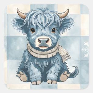 Blauw geruite Highland-kalf Schattig Vierkante Sticker