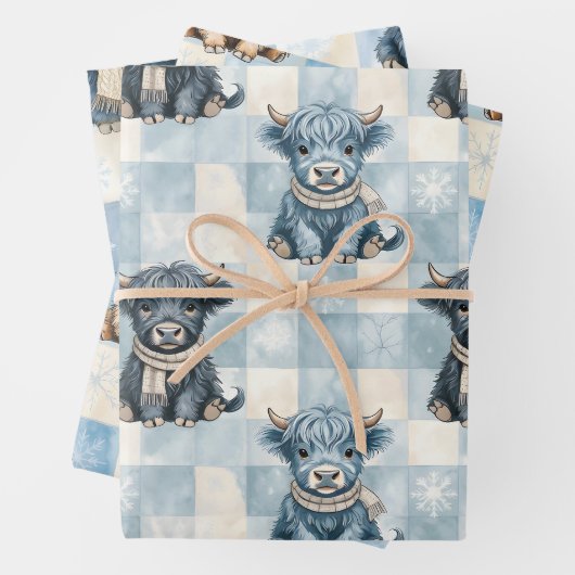 Blauw Geruite Hooglanders Koe Cute Inpakpapier Vel (In situ)