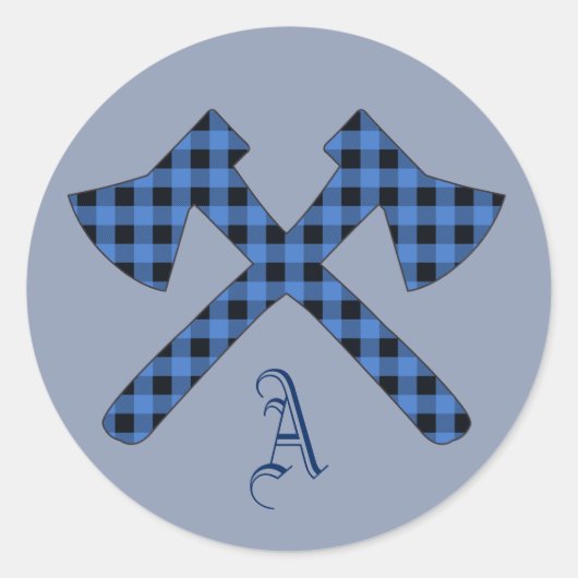 Blauw geruite monogram twee assen ronde sticker (Voorkant)