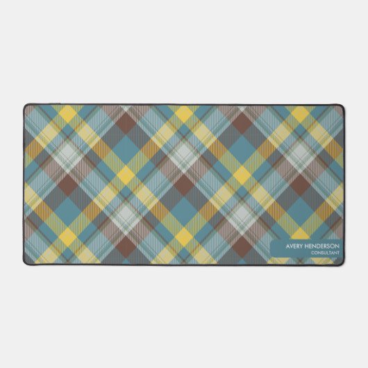 Blauw geruite Patroon Aangepaste Naam Monogram Tek Bureaumat (Voorkant)