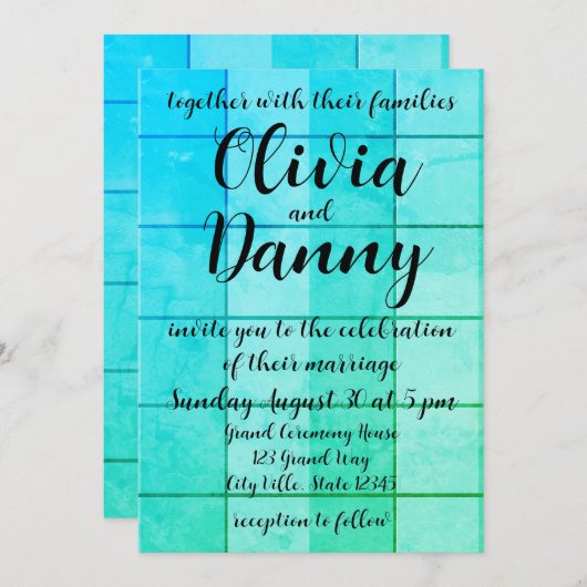 Blauw geruite raster patroon strand bruiloft kaart (Voorkant / Achterkant)