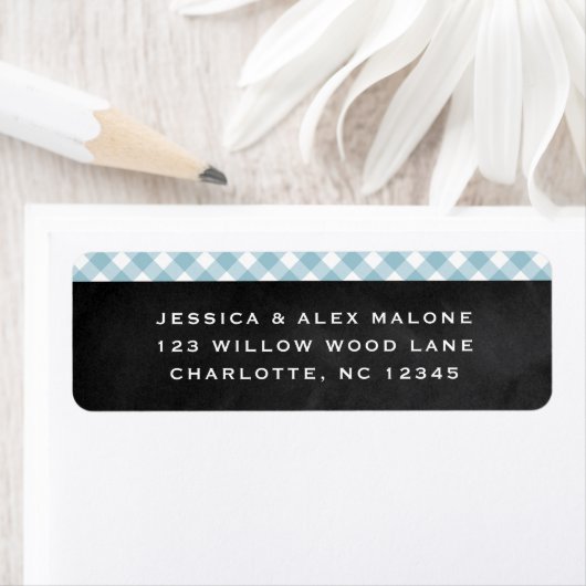 Blauw geruite retouradresstickers met rustieke rui etiket (Insitu)