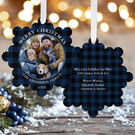 Blauw geruite rustieke vrolijke kerst foto ornament kaart