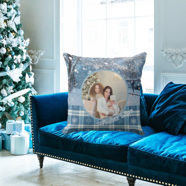Blauw geruite sneeuwige winter foto Kerstmis  Kussen (Pillows may look big to show details )