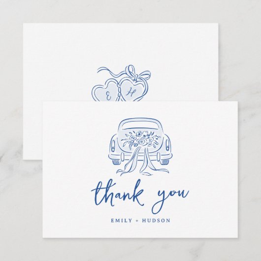Blauw Geschetst Net Getrouwd Auto Koppels Monogram Bedankkaart (Voorkant / Achterkant)