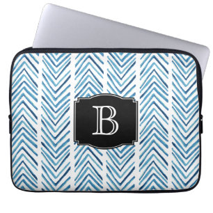 Blauw Geschilderd Chevron Patroon met Monogram Laptop Sleeve
