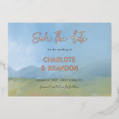 Blauw geschilderd landschap Huwelijk Save The Date Folie Uitnodiging (Voorkant)