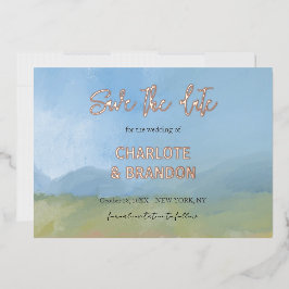 Blauw geschilderd landschap Trouw save the date   Folie Uitnodiging