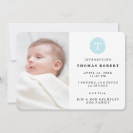 Blauw geschilderd monogram foto geboorte aankondig aankondiging