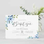 Blauw geschilderde bloemen, baptisme-uitnodiging kaart (Staand voorkant)