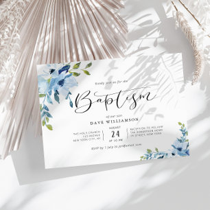 Blauw geschilderde bloemen, baptisme-uitnodiging kaart