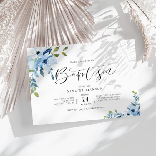 Blauw geschilderde bloemen, baptisme-uitnodiging kaart