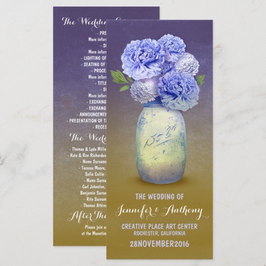 Blauw geschilderde mason potje bruiloft programma' programmakaart (Voorkant / Achterkant)