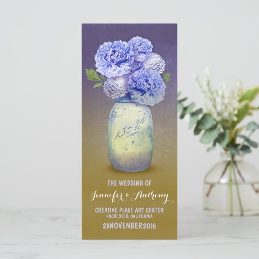 Blauw geschilderde mason potje bruiloft programma' programmakaart (Staand voorkant)