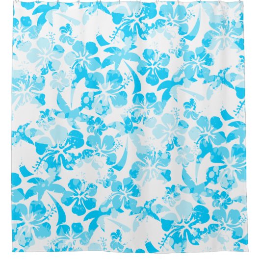 Blauw geschilderde tropische floraal douchegordijn (Voorkant)