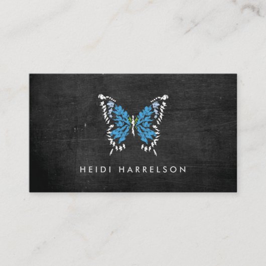 Blauw geschilderde vlinder Logo op zwart hout Visitekaartje (Voorkant)