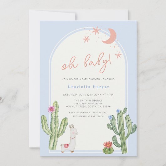 Blauw Geslacht Neutraal Boho Arch Cactus Baby show Kaart (Voorkant)