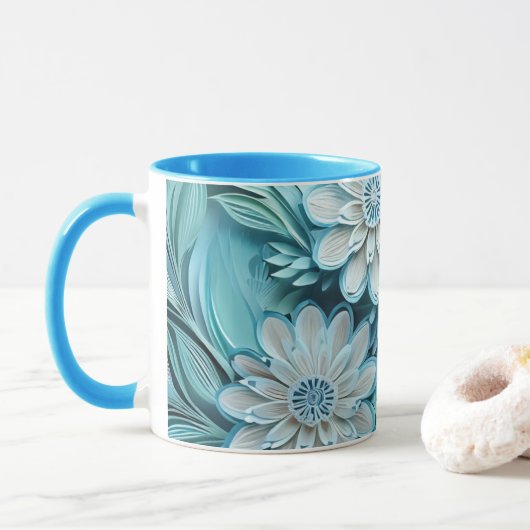 Blauw gesneden papieren bloemen Mok (Met donut)