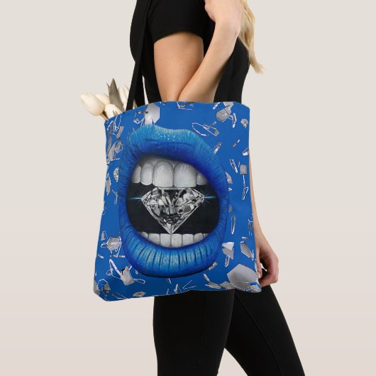 Blauw gespleten glas en diamanten tote bag (Dichtbij)