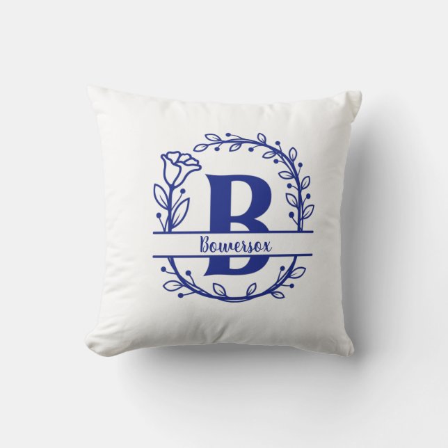 Blauw gespleten monogram bloemenmonogram B Kussen (Voorkant)
