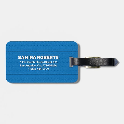Blauw gestikte lederen textuur aangepaste witte te bagagelabel (Achterkant horizontaal)
