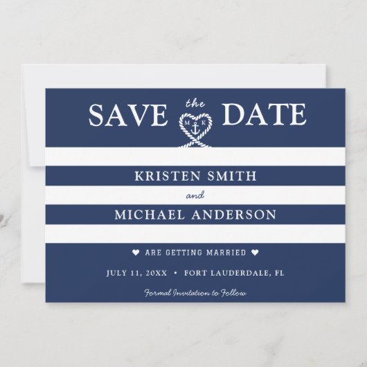 Blauw Gestreepd Touw Hart Anker Trouw- Save The Date (Voorkant)