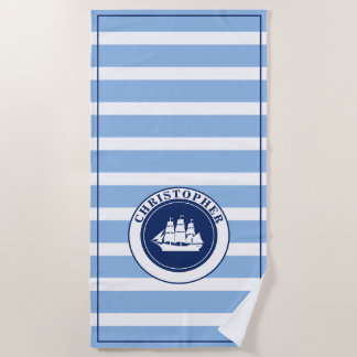 Blauw gestreepd zeilschip met monogram strandlaken
