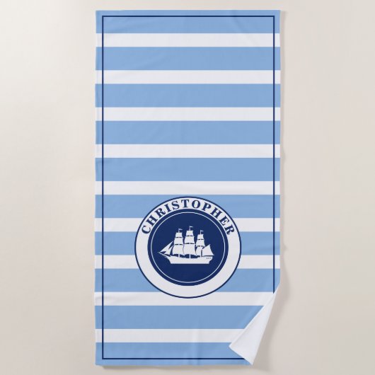 Blauw gestreepd zeilschip met monogram strandlaken (Voorkant)