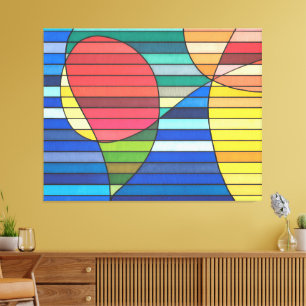 Blauw gestreept abstract met rode en gele vormen canvas afdruk