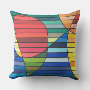 Blauw gestreept abstract met rode en gele vormen kussen