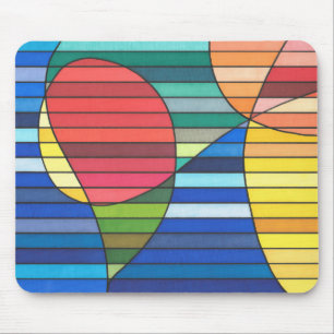 Blauw gestreept abstract met rode en gele vormen muismat