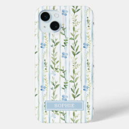 Blauw gestreept bloemmotief gepersonaliseerd iPhone 15 mini hoesje