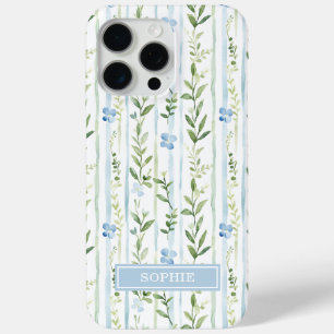 Blauw gestreept bloemmotief gepersonaliseerd iPhone 15 pro max hoesje