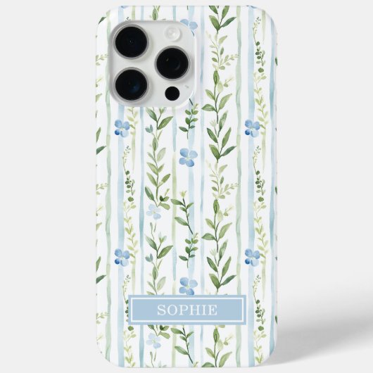 Blauw gestreept bloemmotief gepersonaliseerd Case-Mate iPhone case (Achterkant)
