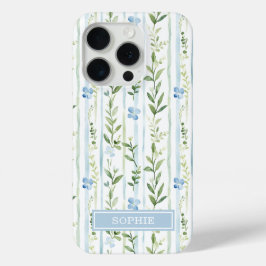 Blauw gestreept bloemmotief gepersonaliseerd iPhone 15 pro case