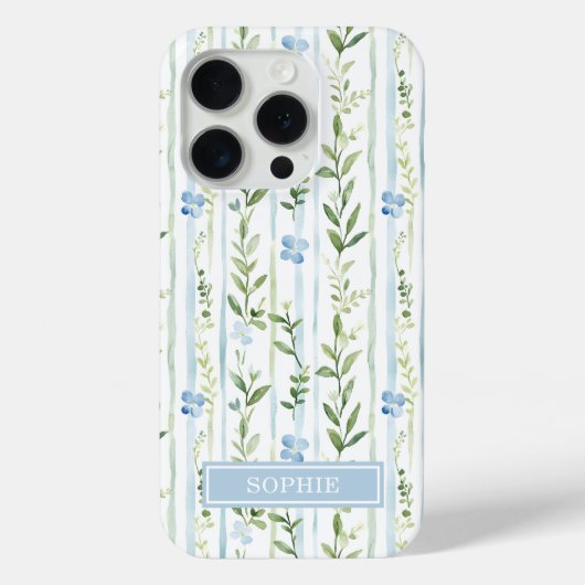Blauw gestreept bloemmotief gepersonaliseerd Case-Mate iPhone case (Achterkant)