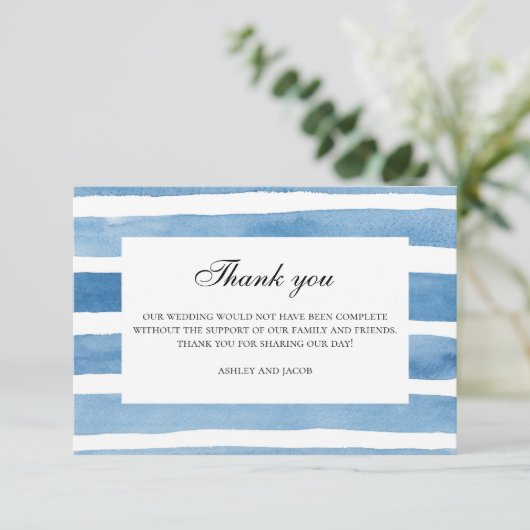Blauw gestreept dank u waterverf nautische bruilof bedankkaart (Staand voorkant)