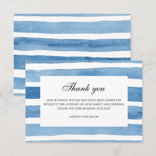 Blauw gestreept dank u waterverf nautische bruilof bedankkaart (Voorkant / Achterkant)