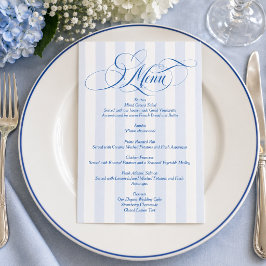 Blauw gestreept elegant schrifttype trouwmenu kaart