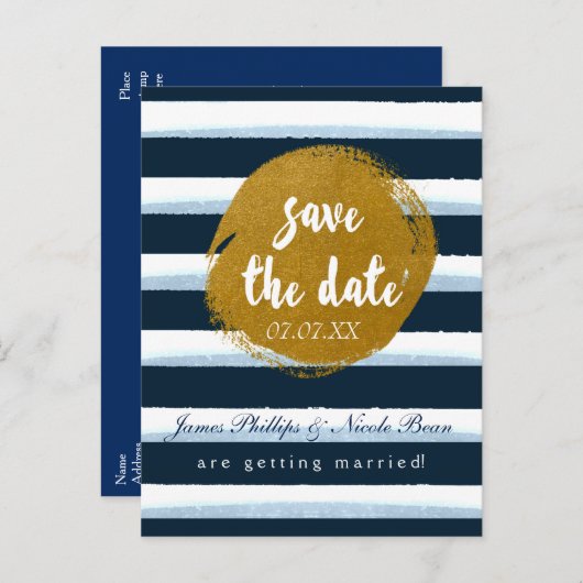 Blauw Gestreept & Gouden Folie sparen het datum Br Aankondigingskaart (Voorkant / Achterkant)