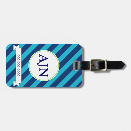 Blauw gestreept monogram Bagagelabel (Voorkant horizontaal)