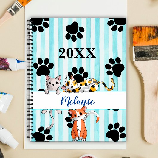 Blauw gestreepte achtergrond katjes & pootjes aang planner