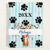 Blauw gestreepte achtergrond katjes & pootjes aang planner (Voorkant)