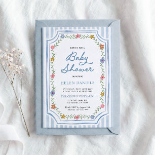 Blauw gestreepte bloemige babyshower uitnodiging