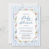 Blauw gestreepte bloemige babyshower uitnodiging (Voorkant)