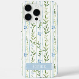 Blauw gestreepte bloemige gepersonaliseerd iPhone 16 pro max hoesje